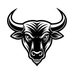 A black and white illustration featuring the head of a bull with horns