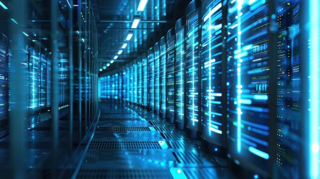 A futuristic data center corridor illuminated with vibrant blue lights.