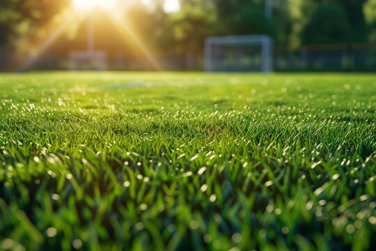 perfectly trimmed grass on the soccer field, highlighting its smooth texture and uniformity. Generative AI