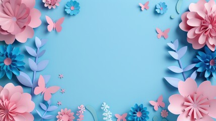 Colorful paper flowers and butterflies on a blue background.