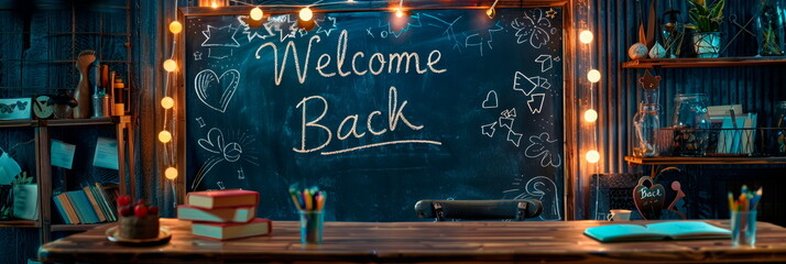 A digital blackboard showing a heartwarming Welcome Back message, celebrating teachers and students reuniting.