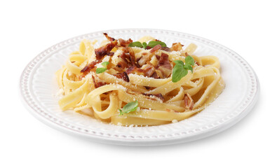 Tasty pasta with bacon and basil isolated on white