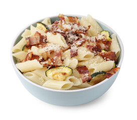 Tasty pasta with bacon and cheese isolated on white