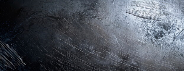 Fototapeta premium Brushed silver metallic surface with subtle scratches and imperfections, reflecting soft light against a dark gray background.