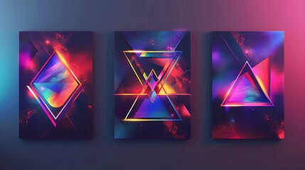 Fototapeta premium Three panels featuring abstract geometric shapes in vivid colors, showcasing a blend of triangular and diamond forms and vivid, glowing effects for dynamic modern art.