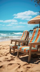 Fototapeta premium beach chairs and umbrella HD 8K wallpaper Stock Photographic image