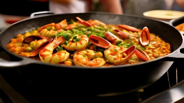  Delicious seafood stirfry in a wok ready to serve