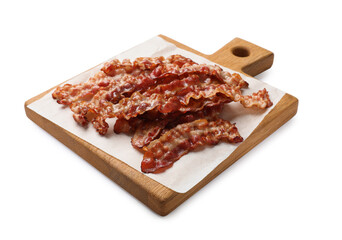 Slices of tasty fried bacon isolated on white