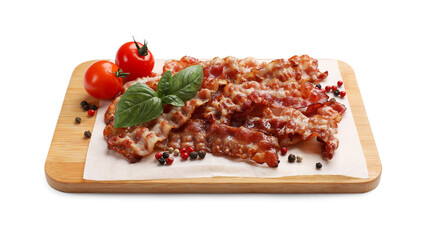 Slices of tasty fried bacon, tomatoes and spices isolated on white