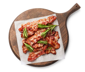 Slices of tasty fried bacon with rosemary isolated on white, top view