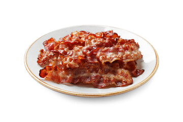 Slices of tasty fried bacon isolated on white