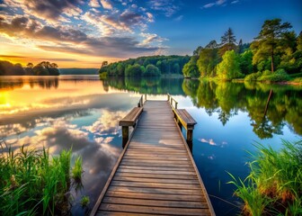 Serene wooden pier stretches into calm lake waters, surrounded by lush greenery and reflective silence, capturing tranquility and beauty of nature at dawn.