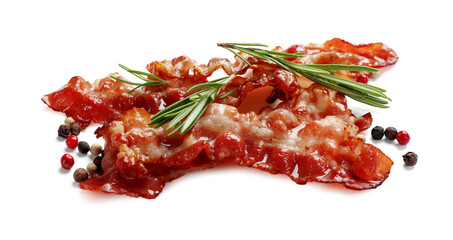 Slices of tasty fried bacon and different spices isolated on white