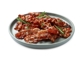 Slices of tasty fried bacon and rosemary isolated on white
