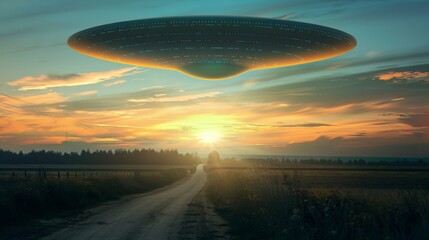 Fototapeta premium Alien Spacecraft Looming Over Countryside Road