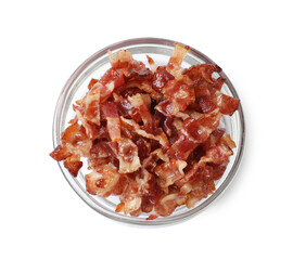 Slices of tasty fried bacon in bowl isolated on white, top view