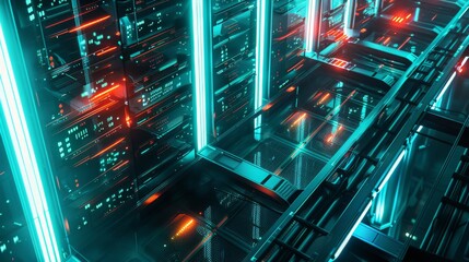 Futuristic Data Center with Neon Lights - Generative AI