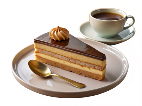 A slice of delicate opera cake with layers of almond sponge, coffee buttercream