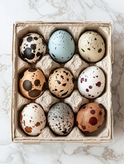 Obraz premium A neatly arranged carton of speckled eggs showcasing various colors and patterns, providing an artistic and organized display ideal for natural, culinary, or decorative purposes.