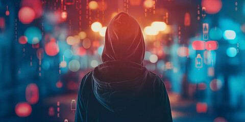 Hacker in a Hoodie with Digital Code Overlay in City Lights, Cybersecurity Concept: Anonymous Hacker in Urban Setting
