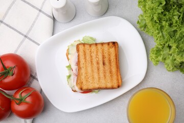 Tasty toasted bread with melted cheese, tomatoes, lettuce and juice on light table, top view
