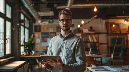 A young entrepreneur in a co-working space, holding a tablet and looking innovative and forward-thinking