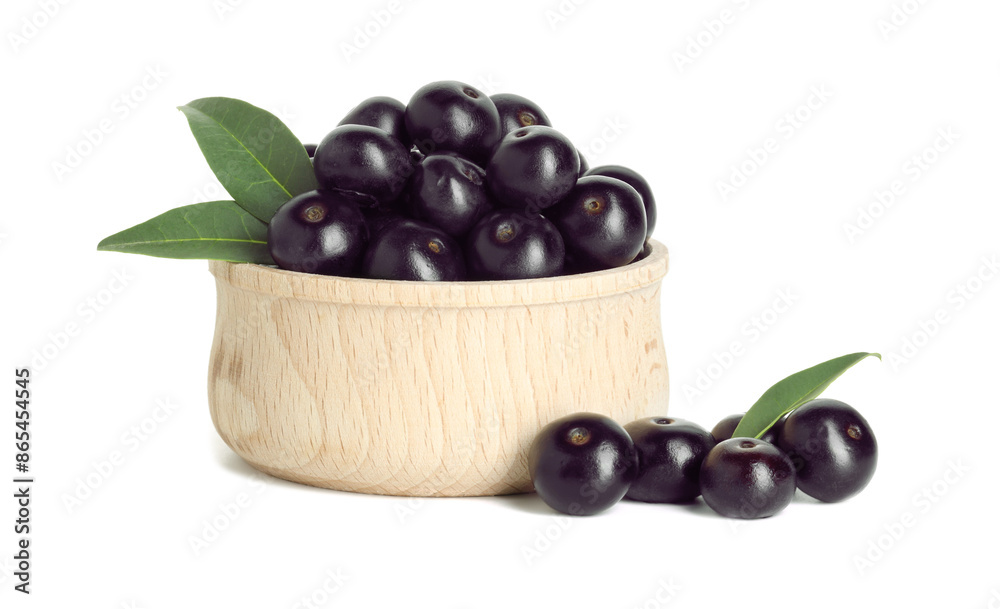 Wall mural fresh ripe acai berries in bowl and green leaves isolated on white - Wall murals