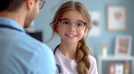 Fototapeta premium Bright and cheerful scene featuring a young girl wearing glasses, interacting with a man in a medical setting, girl looks happy and engaged, creating a warm, caring, professional atmosphere.