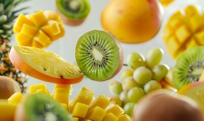 A variety of exotic fruits like mango, pineapple, and kiwi floating in mid-air with a white background