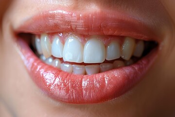 Obraz premium A close-up shot of a person's mouth with shiny, glossy lips and well-aligned white teeth. The image captures the essence of beauty and health, with a focus on dental care.