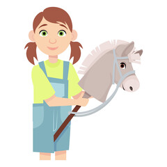Little girl interested in hobbyhorsing with a toy horse head