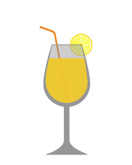 Orange cocktails in a glass isolated on white background, illustration. Summer refreshment with straw. A glass of fresh drink with a slice of lemon.