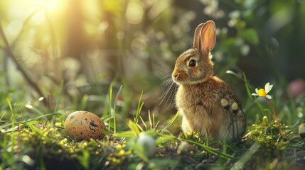 Obraz premium An adorable bunny sits curiously beside a speckled Easter egg in a lush, green garden surrounded by bright sunlight, creating a heartwarming and festive scene.