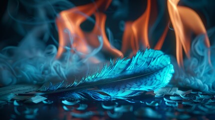 An artful depiction of a blue feather in vibrant contrast with orange flames and curling smoke, showcasing a striking balance between cool and warm elements, peace and chaos.