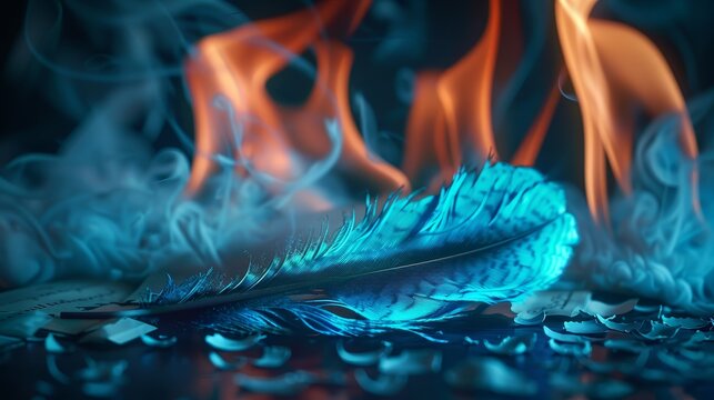 An artful depiction of a blue feather in vibrant contrast with orange flames and curling smoke, showcasing a striking balance between cool and warm elements, peace and chaos.