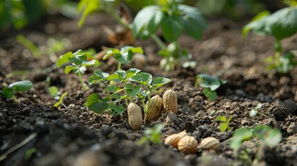 Obraz premium The image shows young peanut plants sprouting from the soil, symbolizing growth and the early stages of agricultural development. A detailed view of nature’s nurturing process.