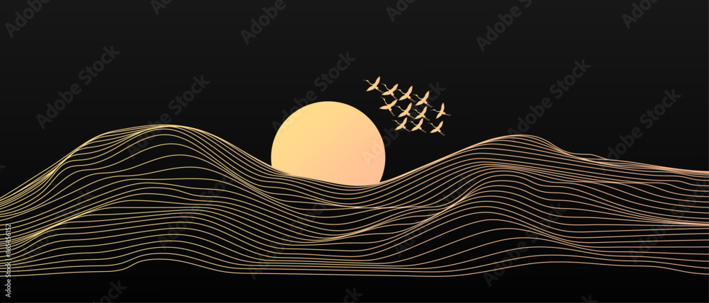 Poster abstract art mountain landscape japanese background with hand drawn line wave pattern and cranes. ch