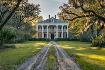 The image features a grand historic mansion with a long gravel driveway leading to the entrance, surrounded by perfectly manicured lawns and ancient moss-laden trees.