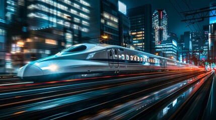 Fototapeta premium High-Speed Bullet Train in Modern City at Night - Generative AI