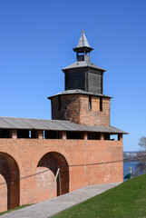 View of the fortress wall and the tower of the ancient Kremlin in Nizhny Novgoro