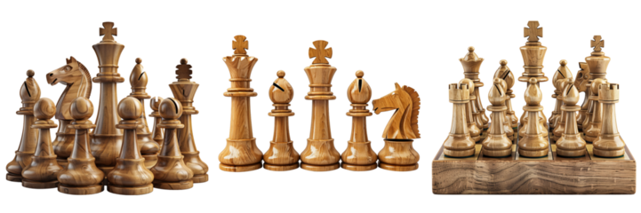 a classic wooden chess set with pieces arranged on transparent background
