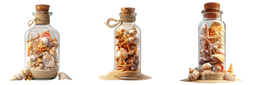 set of a clear glass bottle filled with sand and seashells on transparent background