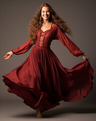 Elegant dancer in flowing red dress with obscured face, embodying grace and movement.