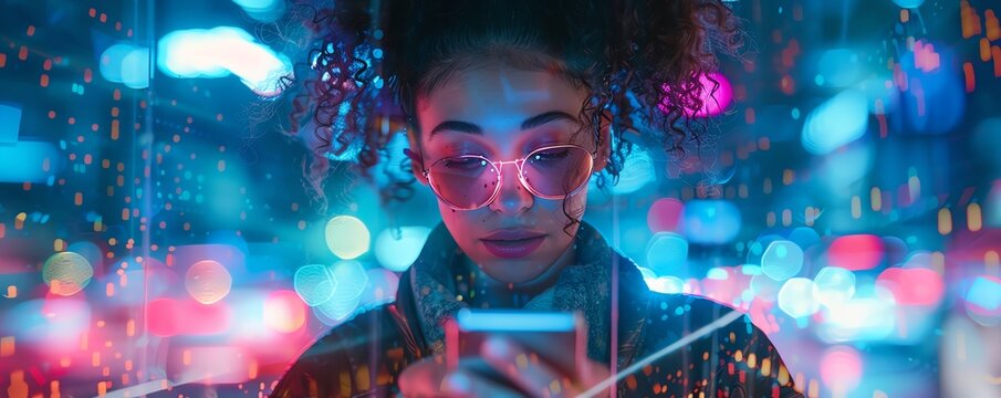 photo futuristic woman using cell phone to view Black Friday sales hologram, top view, emphasizing innovative shopping technology, cybernetic tone, Triadic Color Scheme