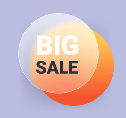 Big sale glass morphism tag on gray background. Discount round label