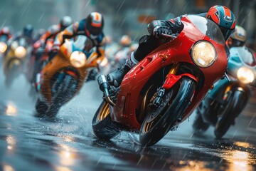 Multiple motorcyclists intensely race on a slick, wet city street under rainy weather conditions, showcasing speed, competition, and the thrills of motorcycle racing.