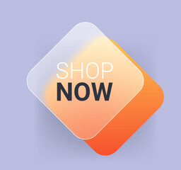 Shop now glass morphism tag on gray background. Discount rhombus label