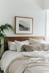 A bedroom with white walls, a wood headboard, and soft linen bed coverings. A large framed print hangs above the bed. The room is well-lit by natural light from a window on one side.