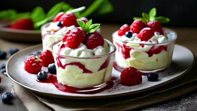  Delicious dessert with raspberries and whipped cream