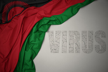 waving colorful national flag of malawi on a gray background with text virus .